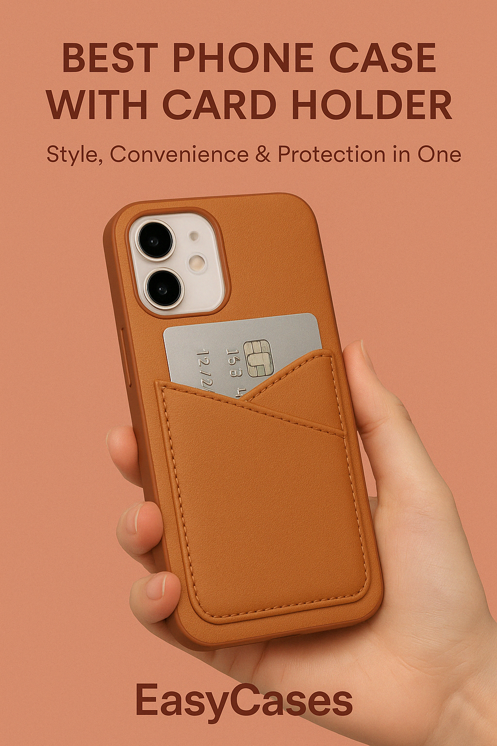 Best phone case with card holder by EasyCases™ shown on coral background (FC6132), featuring a sleek and stylish design for everyday protection and convenience.