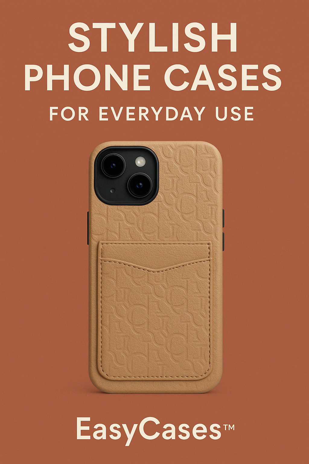 Stylish phone case with card holder by EasyCases™ on a terracotta background, designed for everyday use with monogram texture and sleek protection.