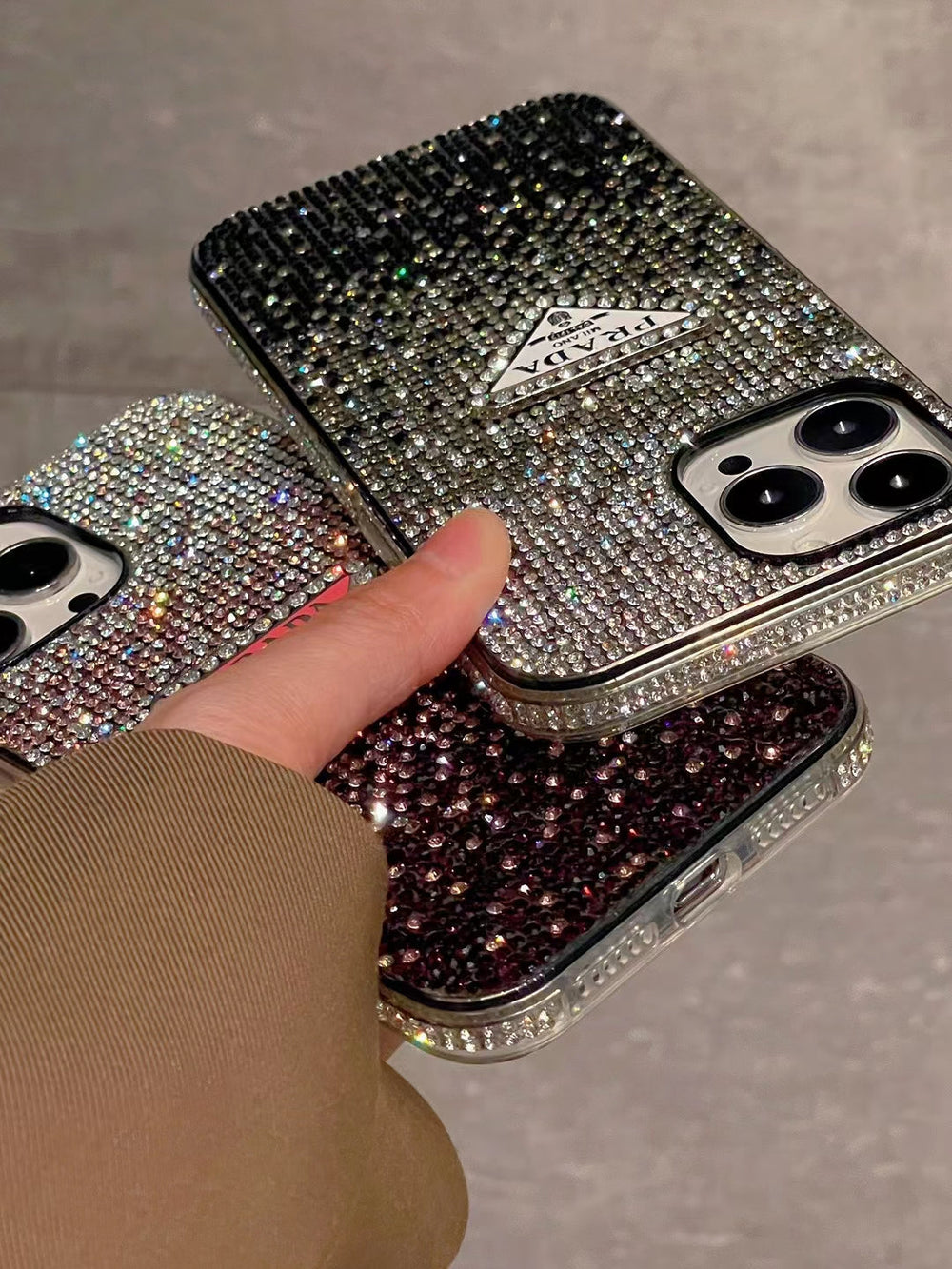 Front view of elegant Prada Diamond iPhone Case with premium design.