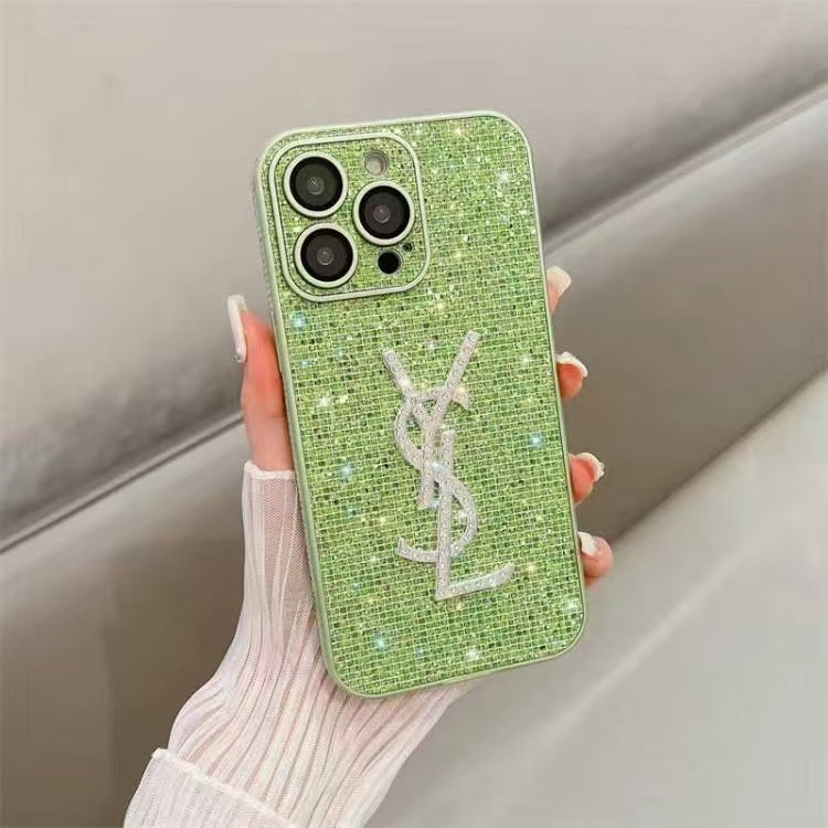 Luxury phone case by YSL featuring chic crystal design