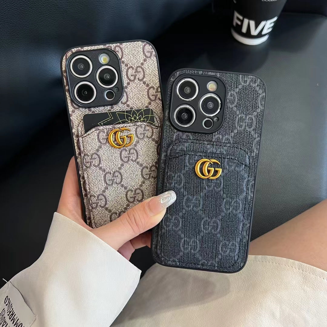 Sleek Gucci phone case featuring stylish GG monogram and practical card storage