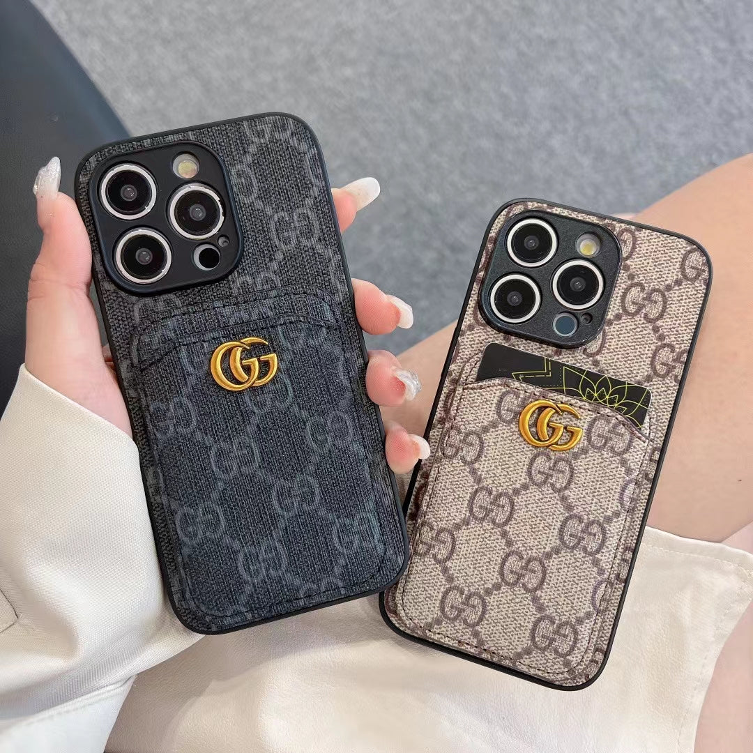 Premium Gucci phone case with integrated card pocket, designed for style and convenience