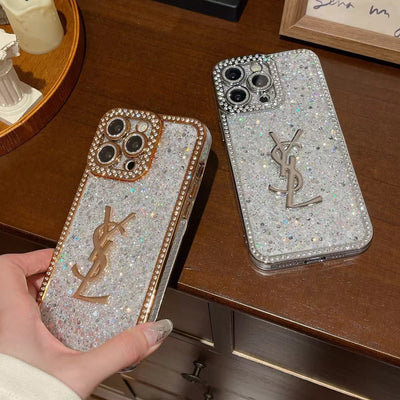 Luxury phone case by YSL with crystal embellishments