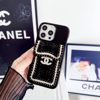 Luxurious fabric pocket card holder on Chanel iPhone case