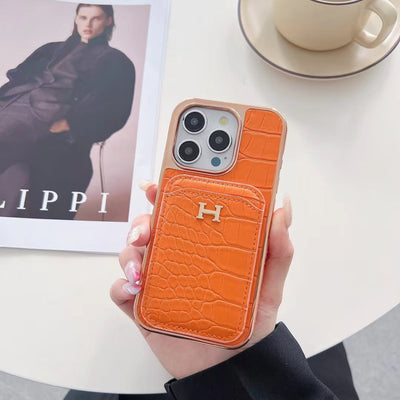 Luxury HH Croc-Embossed iPhone Case with Card Holder