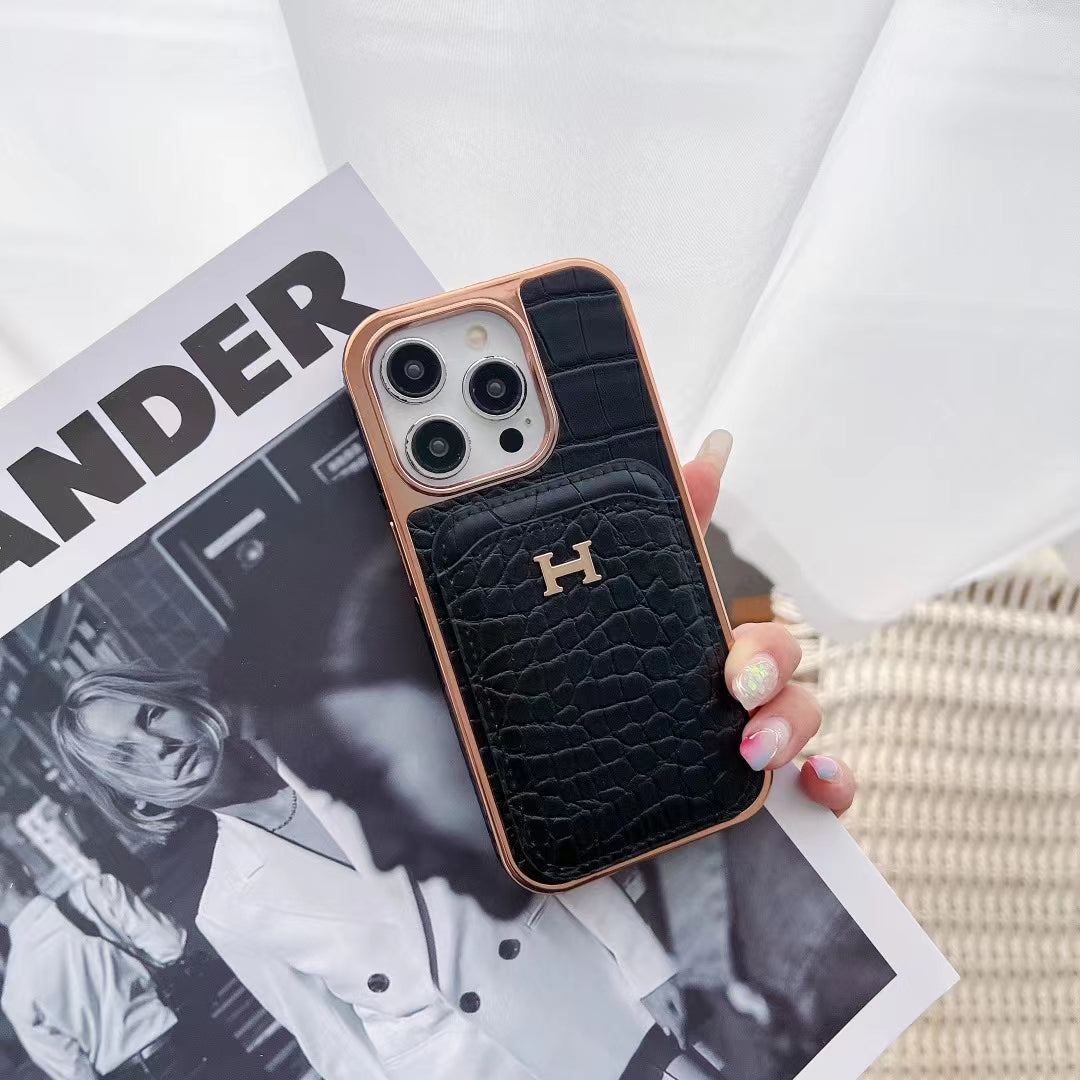 Luxury HH Croc-Embossed iPhone Case with Card Holder