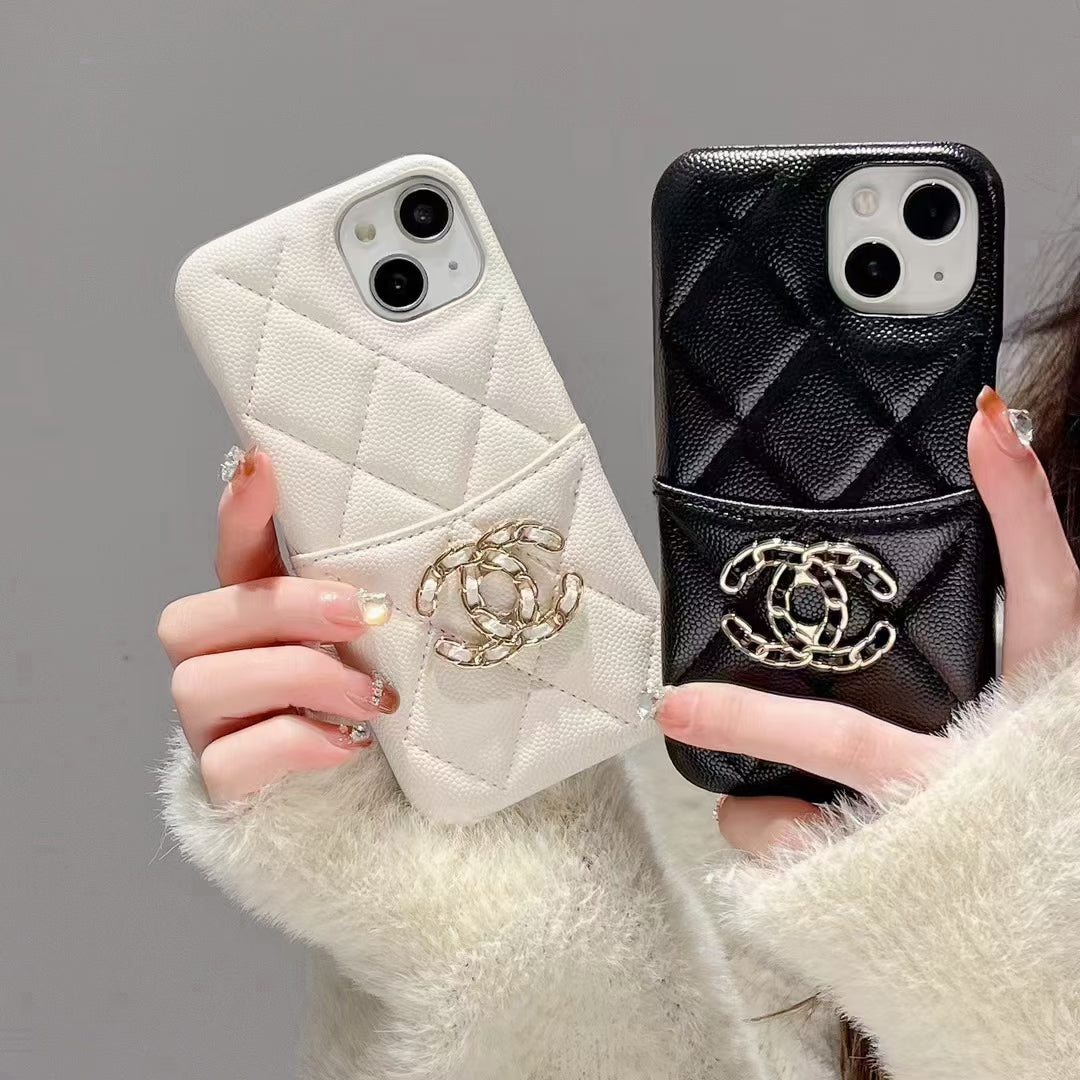 Back view of the Chanel iPhone Case with integrated card holder, displaying its sleek and elegant design.