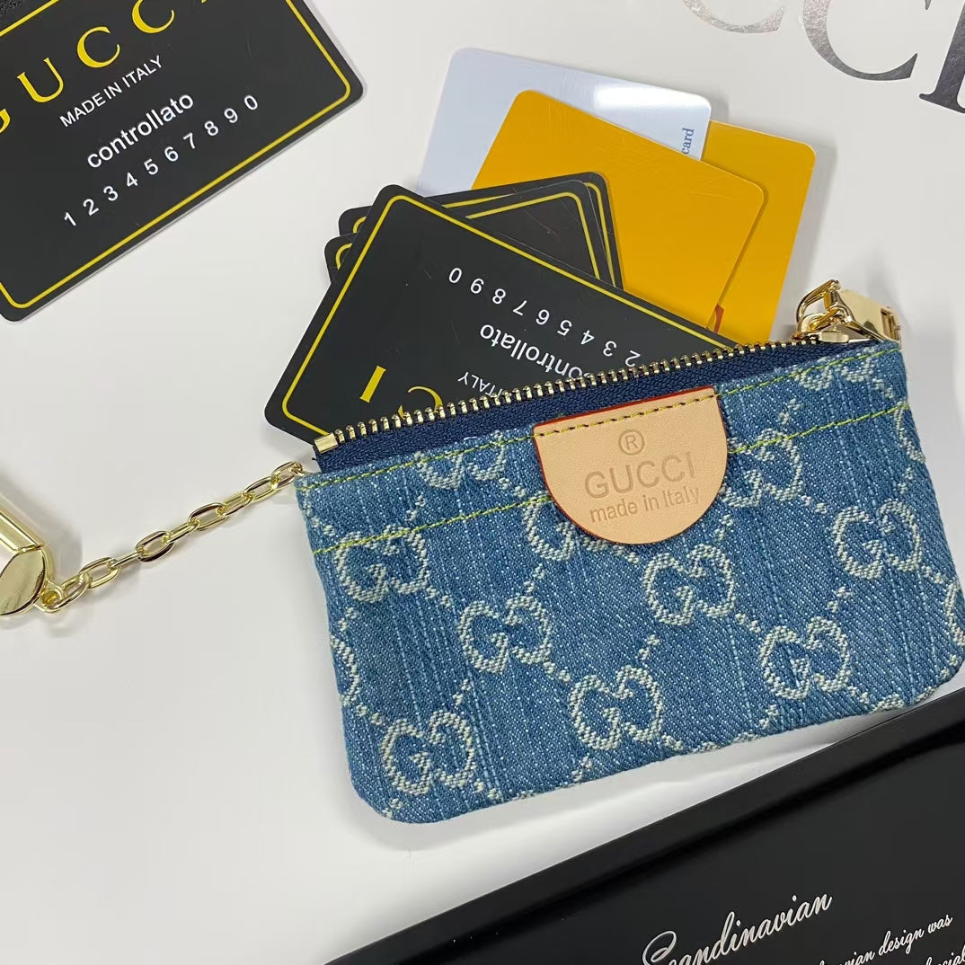 Denim Monogram Keychain Pouch Collection with Gold Clasps