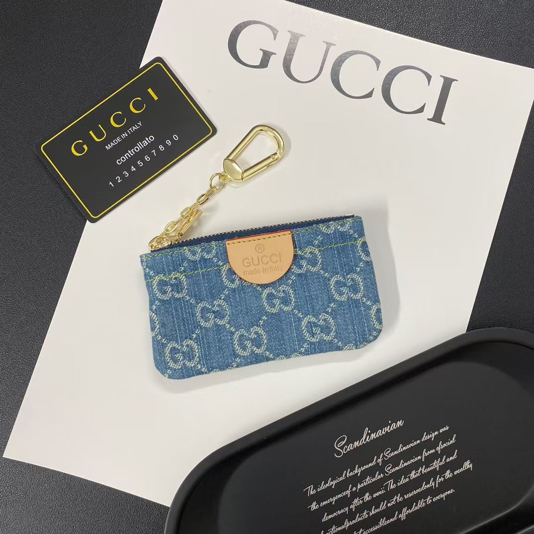 Denim Monogram Keychain Pouch Collection with Gold Clasps
