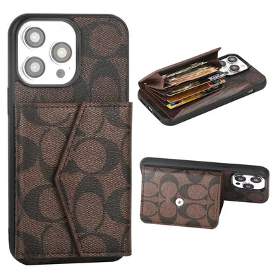 Elegant Coach iPhone Case with Wallet and Card Slots, positioned on a surface to show the sleek, modern design