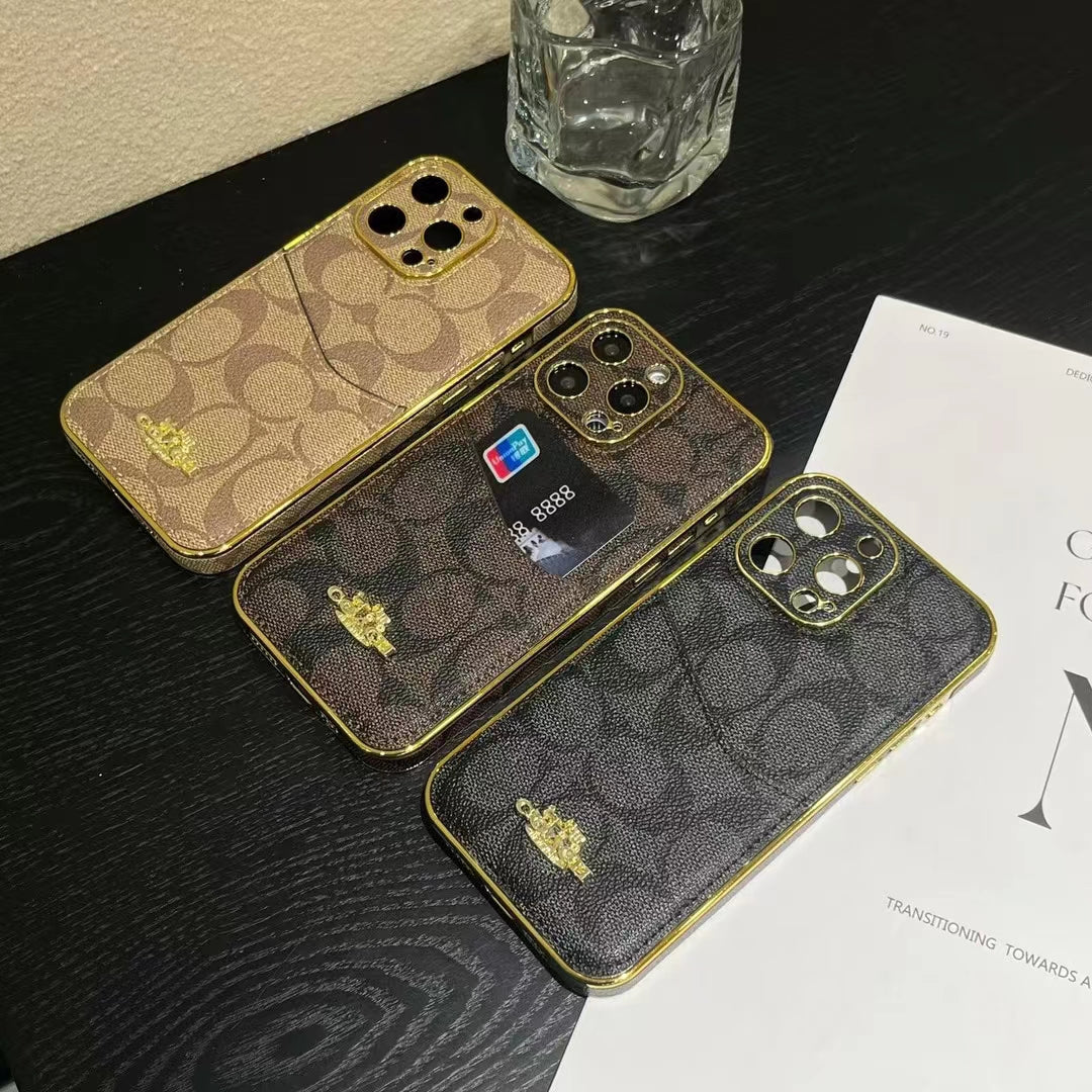 Luxury CO-Inspired Monogram iPhone Case with Gold Accents and Card Holder