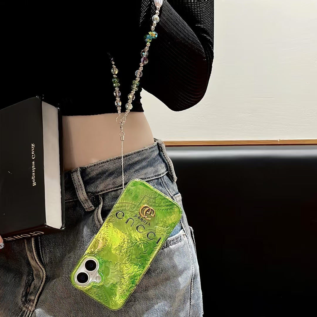 GG-Inspired Iridescent Green iPhone Case with Luxury Charm Strap