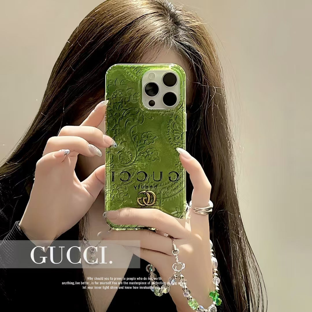 GG-Inspired Iridescent Green iPhone Case with Luxury Charm Strap