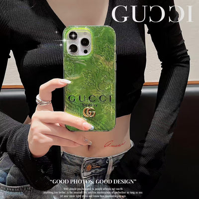 GG-Inspired Iridescent Green iPhone Case with Luxury Charm Strap