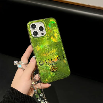 GG-Inspired Iridescent Green iPhone Case with Luxury Charm Strap