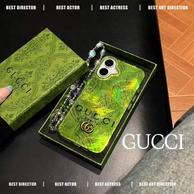 GG-Inspired Iridescent Green iPhone Case with Luxury Charm Strap