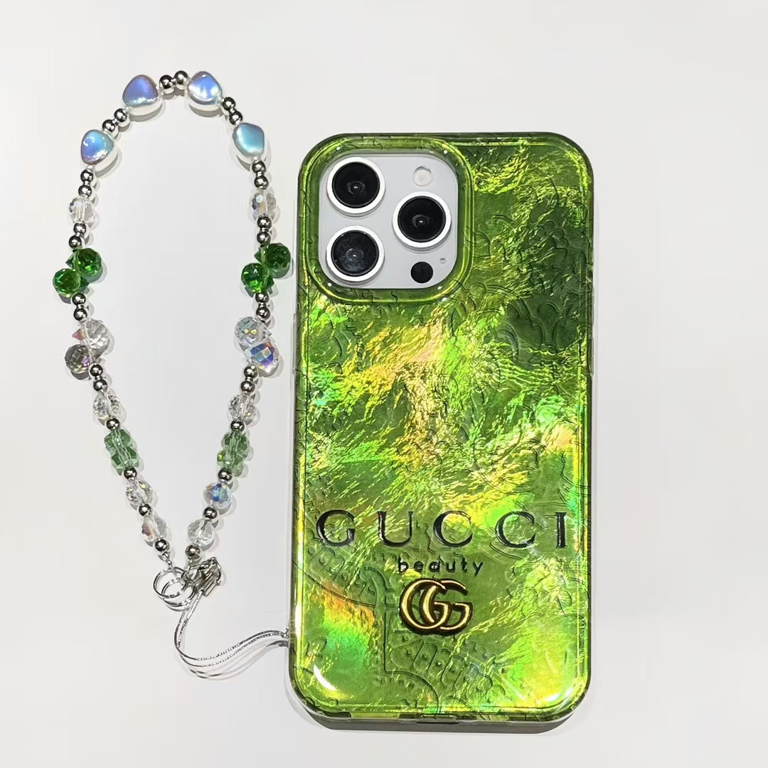 GG-Inspired Iridescent Green iPhone Case with Luxury Charm Strap