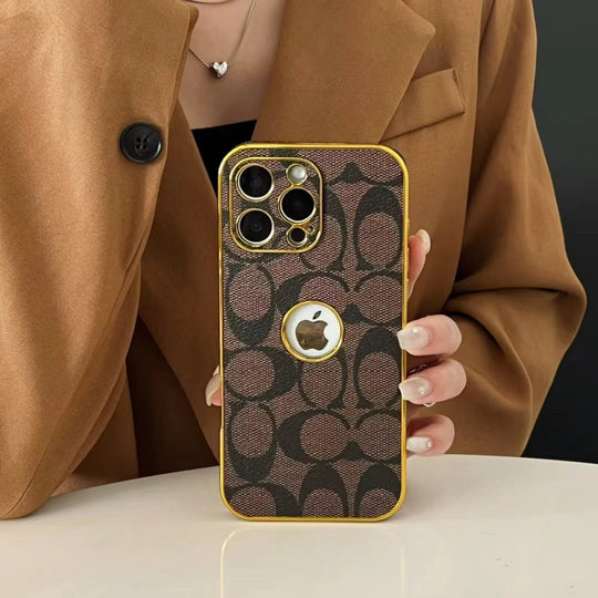 Inspired Luxury Monogram iPhone Case with Gold Trim