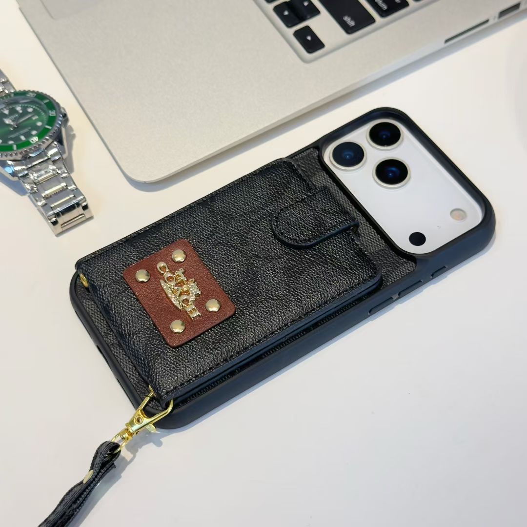 Luxury Monogram Wallet Phone Case with Card Holder &amp; Strap
