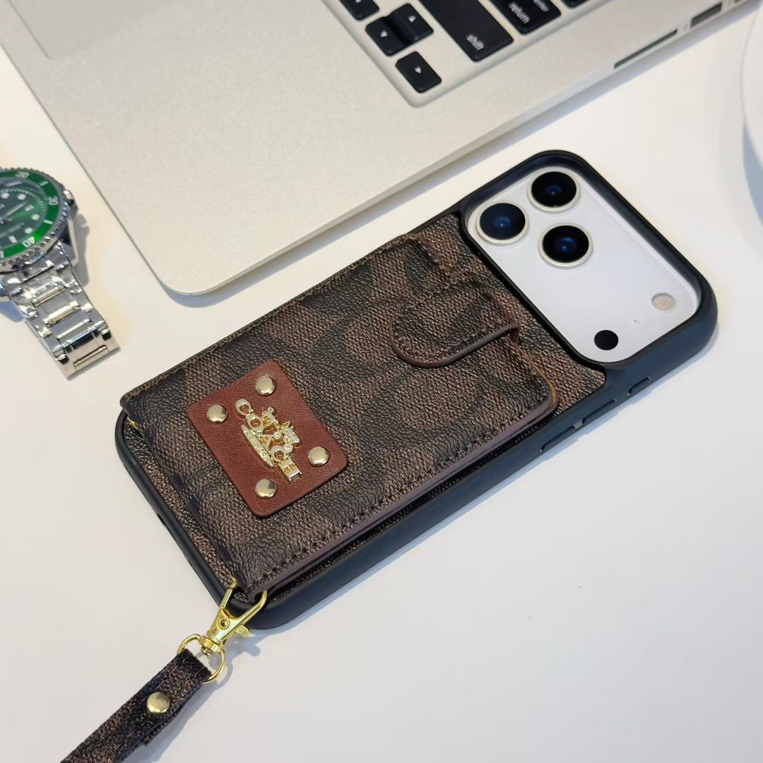 Luxury Monogram Wallet Phone Case with Card Holder &amp; Strap