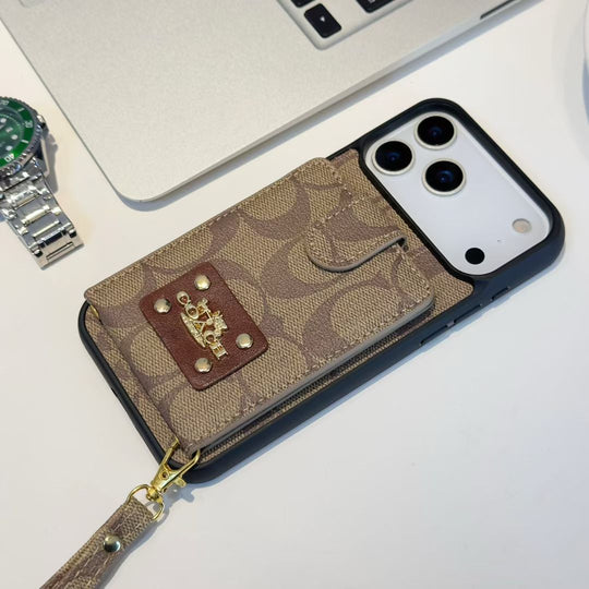 Luxury Monogram Wallet Phone Case with Card Holder &amp; Strap