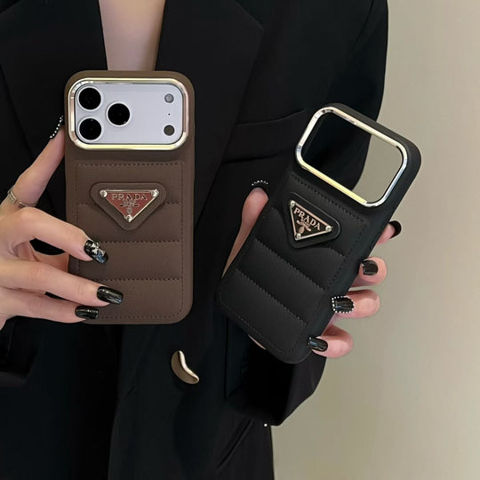 Premium Quilted Phone Case with Metal Triangle Emblem