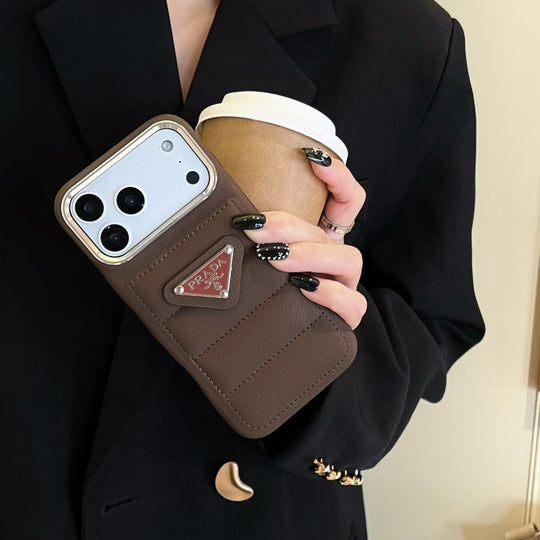 Premium Quilted Phone Case with Metal Triangle Emblem