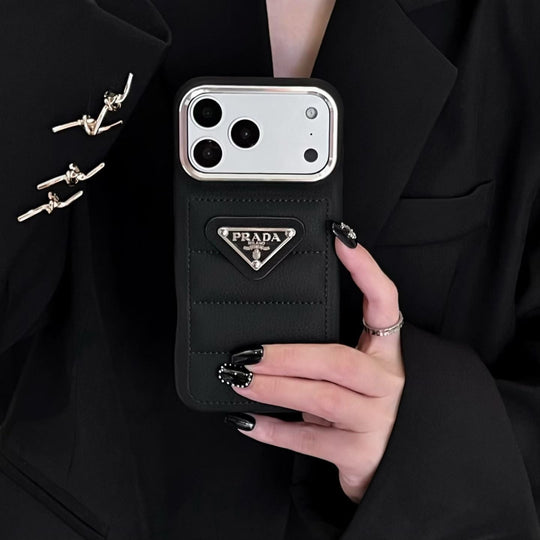 Premium Quilted Phone Case with Metal Triangle Emblem