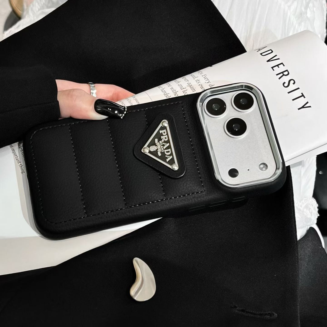Premium Quilted Phone Case with Metal Triangle Emblem