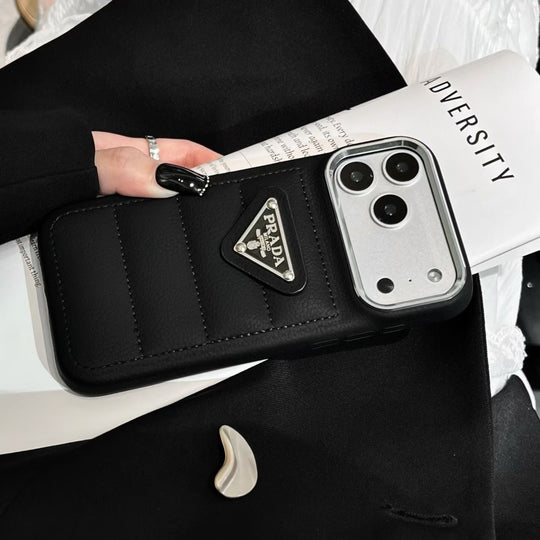 Premium Quilted Phone Case with Metal Triangle Emblem