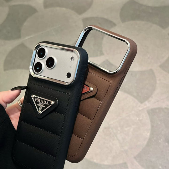 Premium Quilted Phone Case with Metal Triangle Emblem
