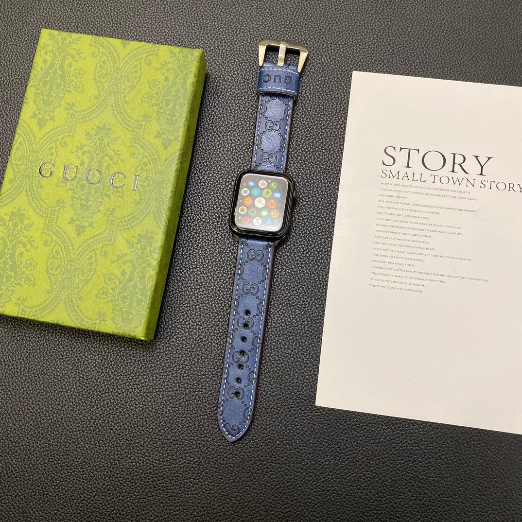 Stylish GUCCI Apple Watch Band on a Silver Apple Watch