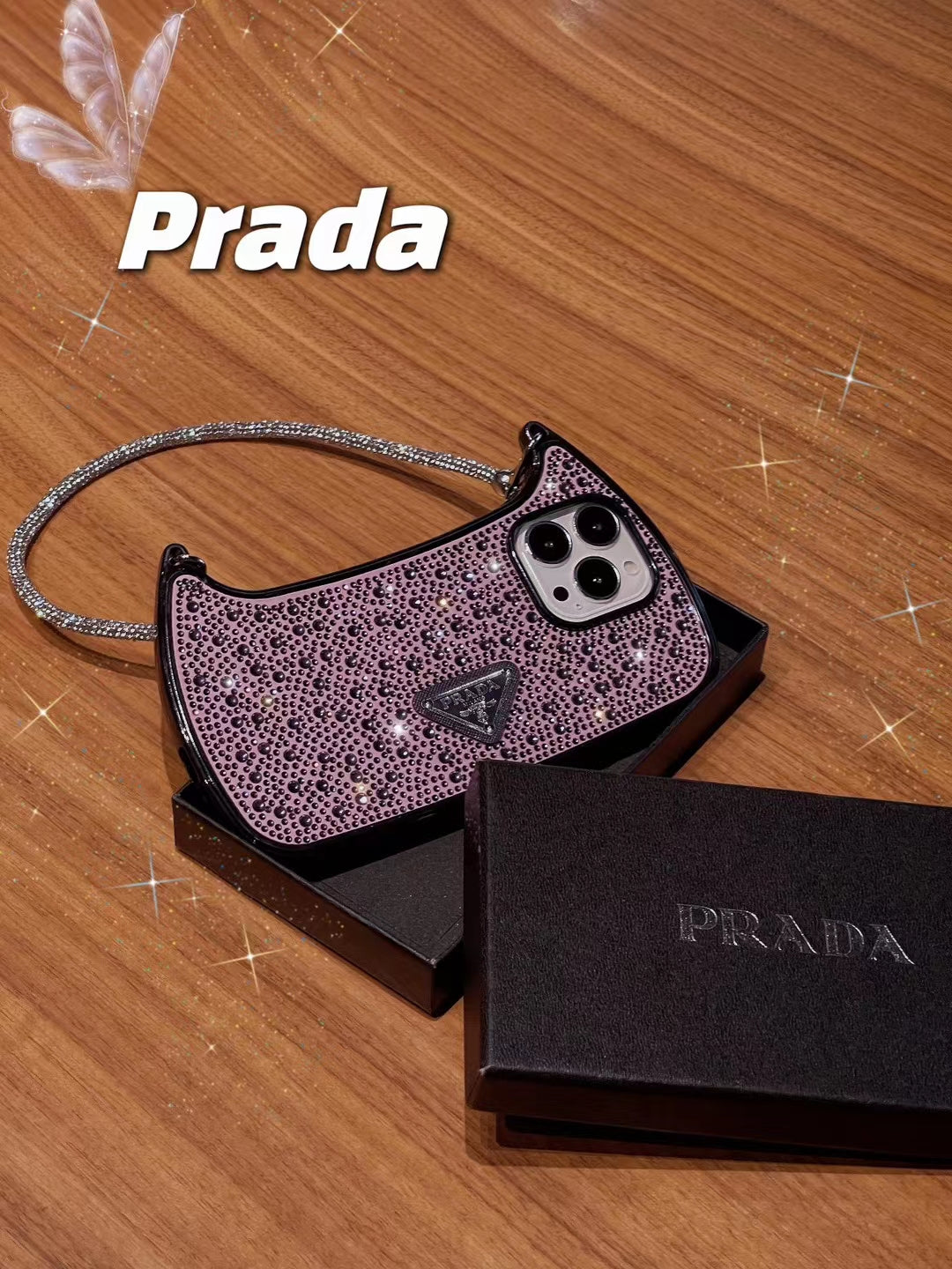 Chic Prada Phone Case with chain wrapped around wrist.