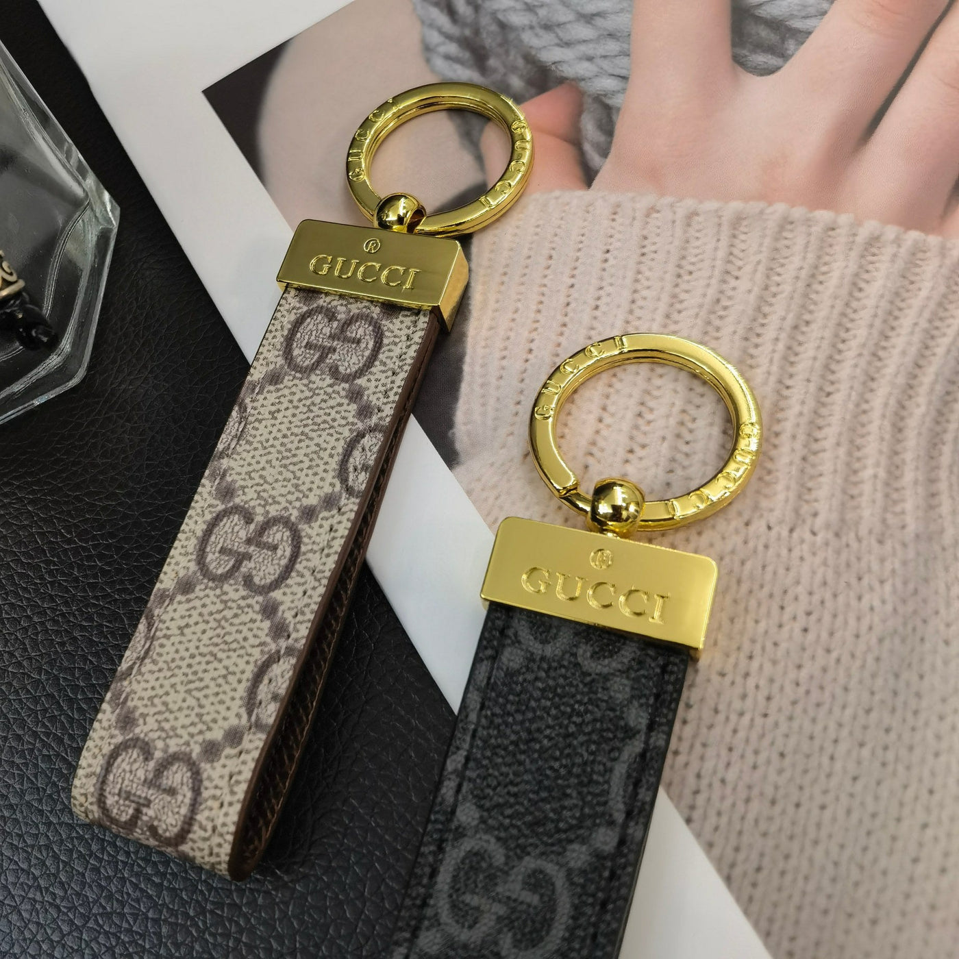 Elegant Gucci Keychain with a close-up of its refined finish and logo