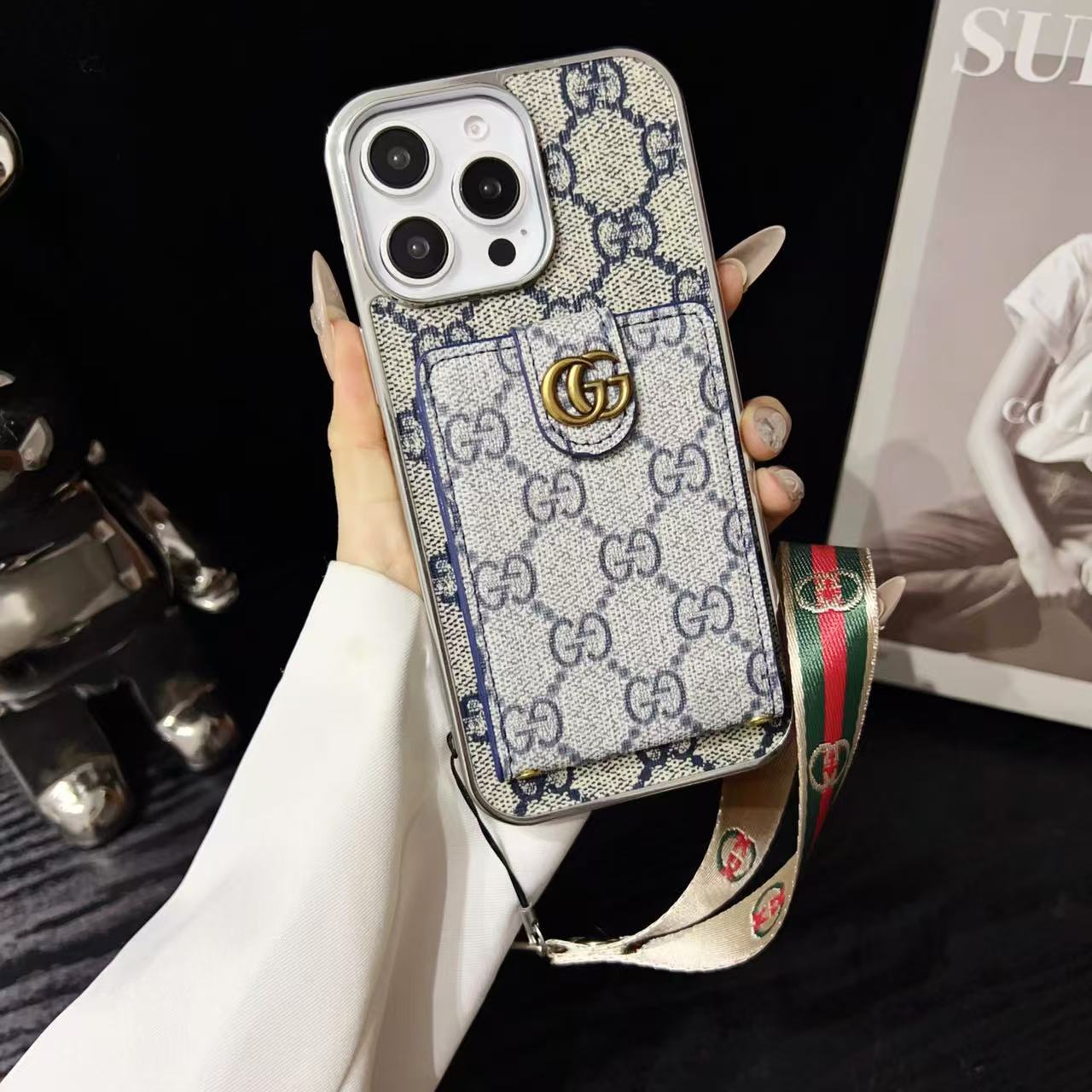 GG Monogram iPhone Case with Cardholder & Hand Strap