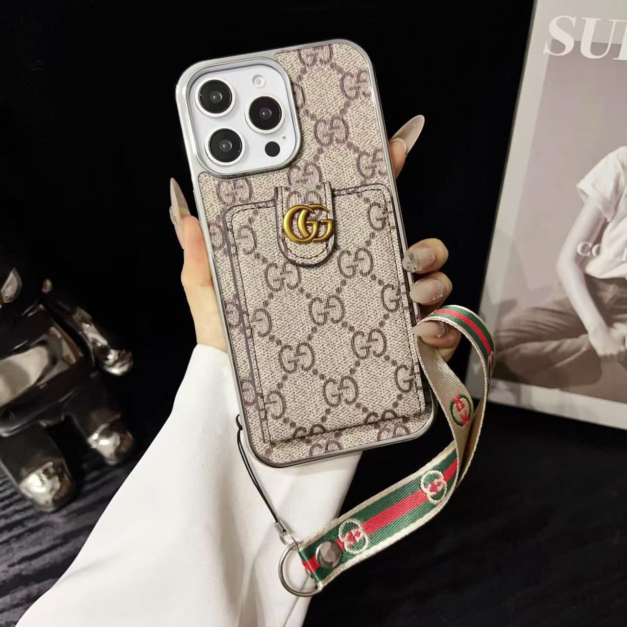 GG Monogram iPhone Case with Cardholder & Hand Strap