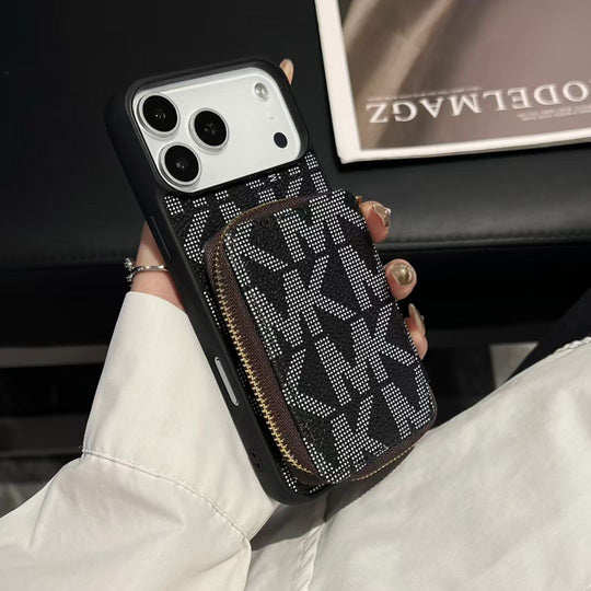 Luxury Black Monogram Wallet Phone Case with Zipper Card Pocket for iPhone | Easy-Cases