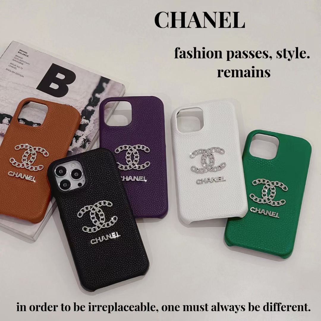 Close-up of Luxury Chanel Elegance iPhone Case with Embossed Logo