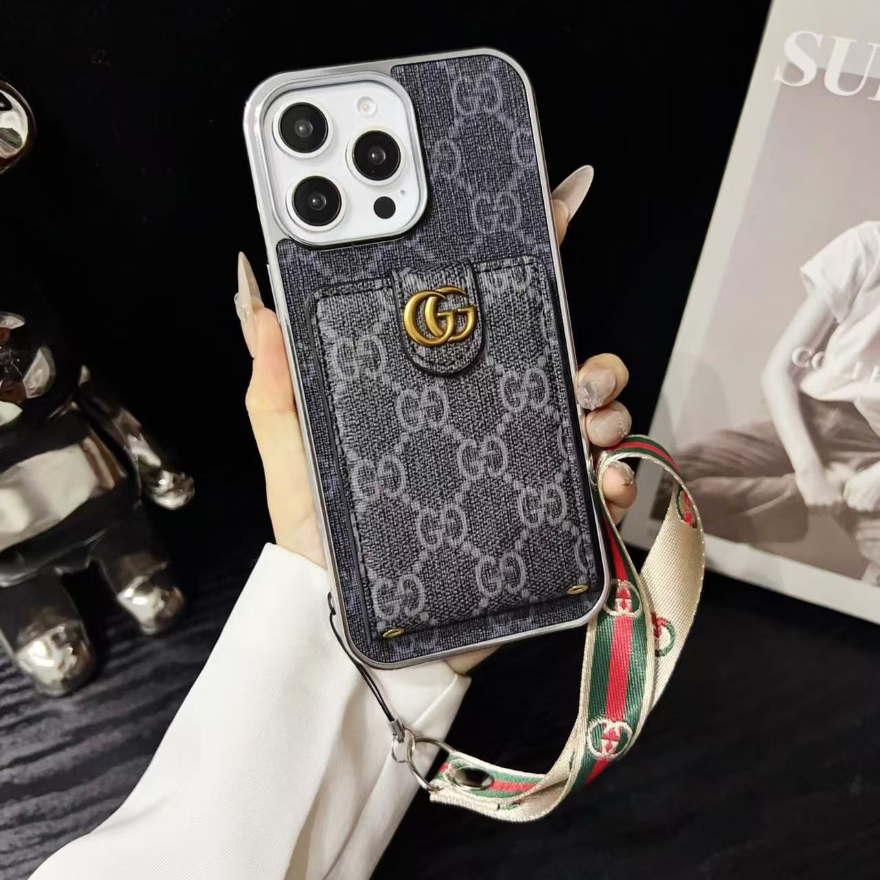 GG Monogram iPhone Case with Cardholder & Hand Strap