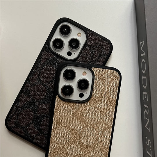 Classic Monogram Leather-Look Protective iPhone Case in Black, Beige, Brown and Dark Brown - image 3