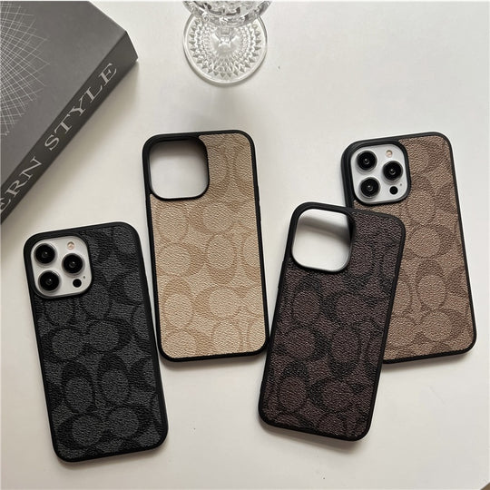 Classic Monogram Leather-Look Protective iPhone Case in Black, Beige, Brown and Dark Brown - image 1
