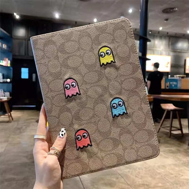 Playful Embroidered Signature iPad Case in Khaki